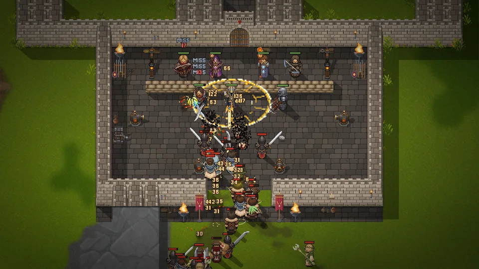 A siege horde pours through the gatehouse into a killbox of turrets and sandbags