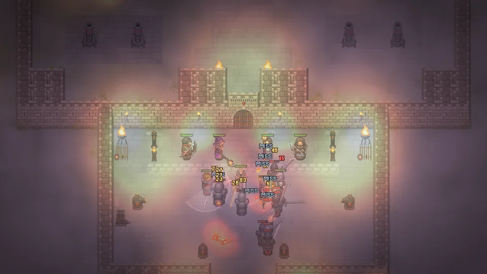 Lanterns glow through thick fog at dusk