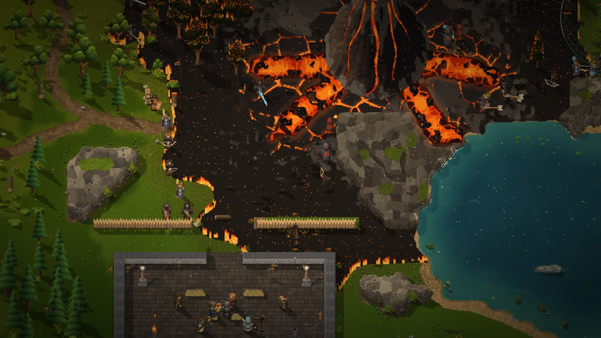 Raid Haven gameplay: a volcano's lava spreads toward a stone keep as raiders close in