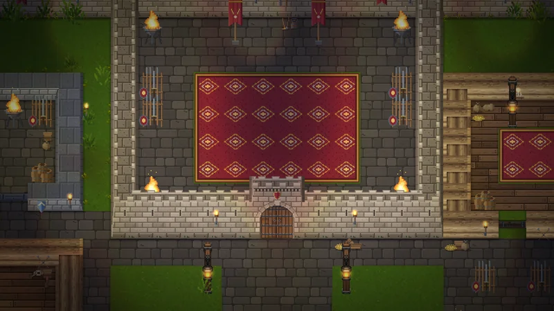 Raid Haven screenshot: The keep at night, lit by braziers.