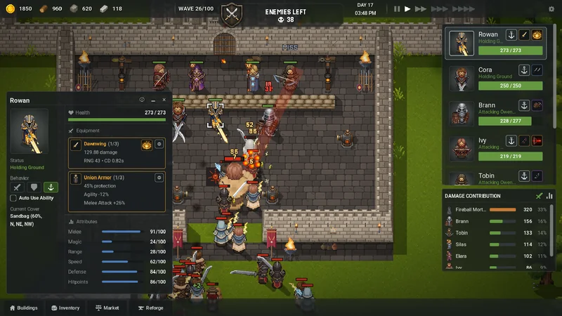 Raid Haven screenshot: Wave 26 of 100, with the pawn inspector, squad list and Damage Contribution.