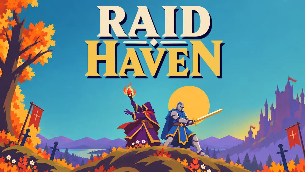 Raid Haven YouTube thumbnail: the logo above a mage and a knight on an autumn hill